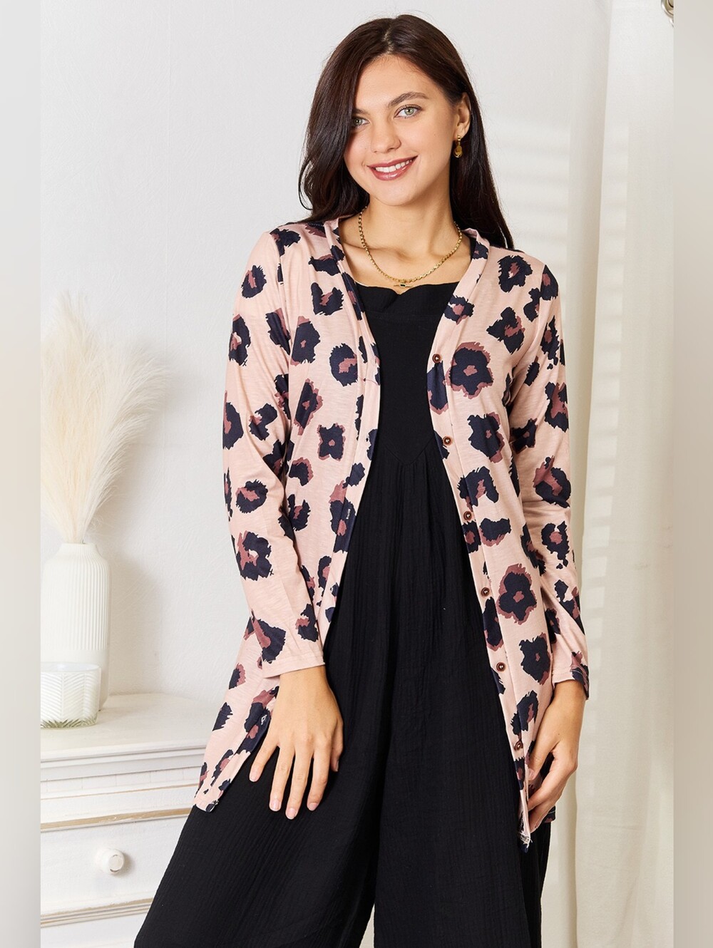 Leopard Print Button-Up Long Sleeve Cardigan - Pink